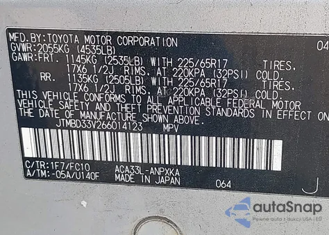 2006 Toyota Rav4 из США, поврежденный, VIN JTMBD33V266014123